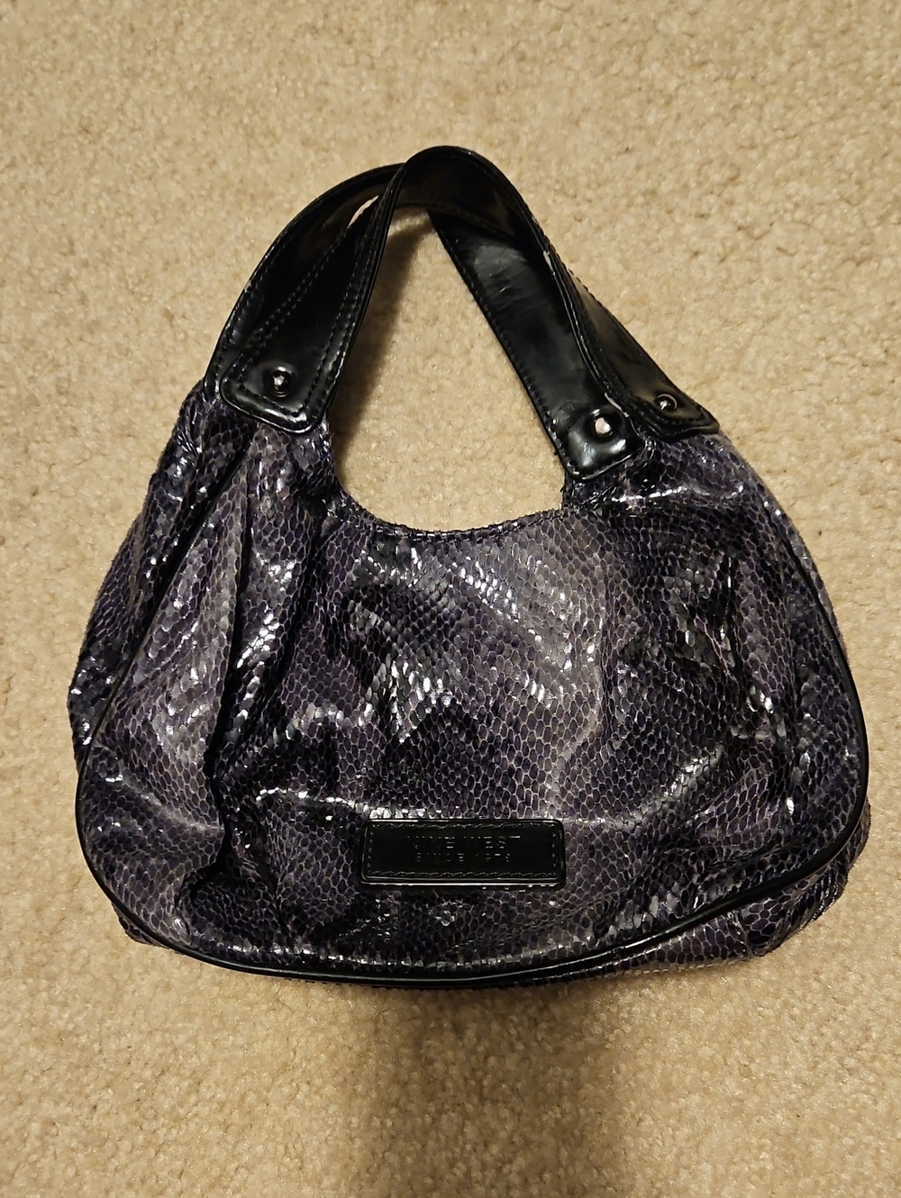 Leather-Trim Purple Snake-Print Hobo Bag